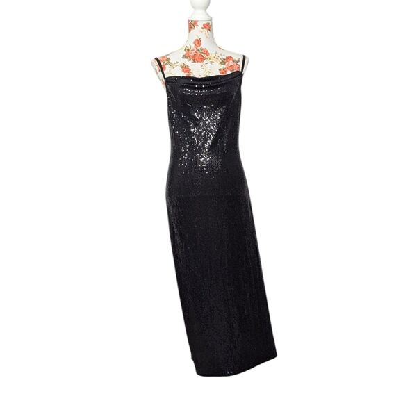 VTG BEBE sz L Y2K Sequin Slip Maxi Dress Adjustable Spaghetti Straps Cowl Neck - Picture 1 of 12